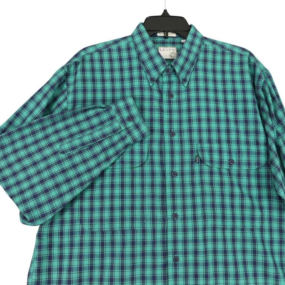 Vintage 90s Levis Silver Label Button Front Shirt Mens L Plaid‎ Cotton Pocket